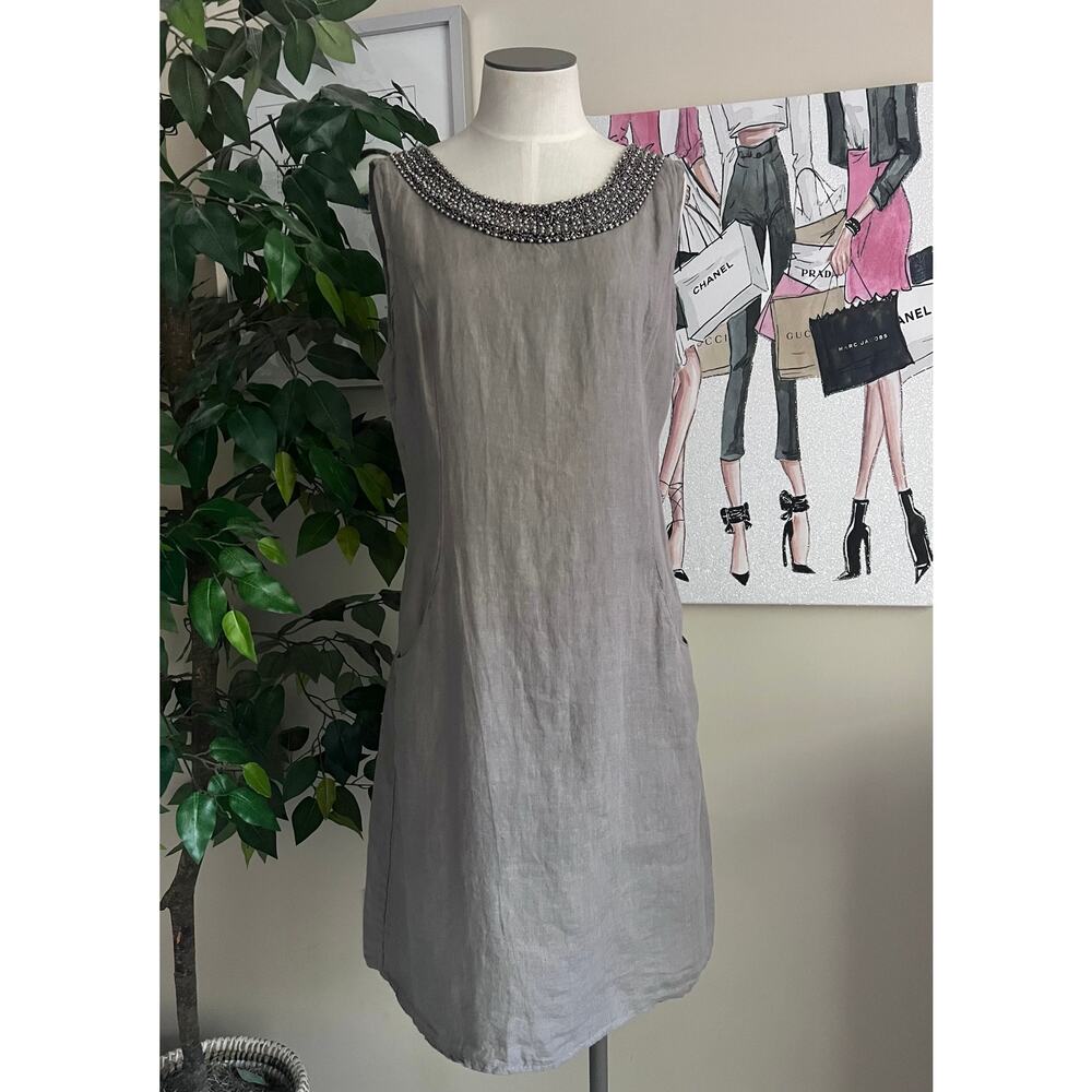 Lagenlook Linen Vacation Beach Lina Tomei Gray Sleeveless Beaded Neck Dress Sz M